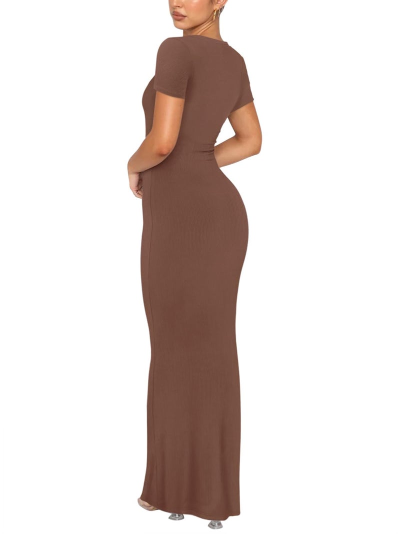 REORIA Women's Summer Sexy Casual Lounge Long Dress Elegant Wedding Guest Short Sleeve Crew Neck Bodycon Maxi Dresses Coffee Large - Image 3