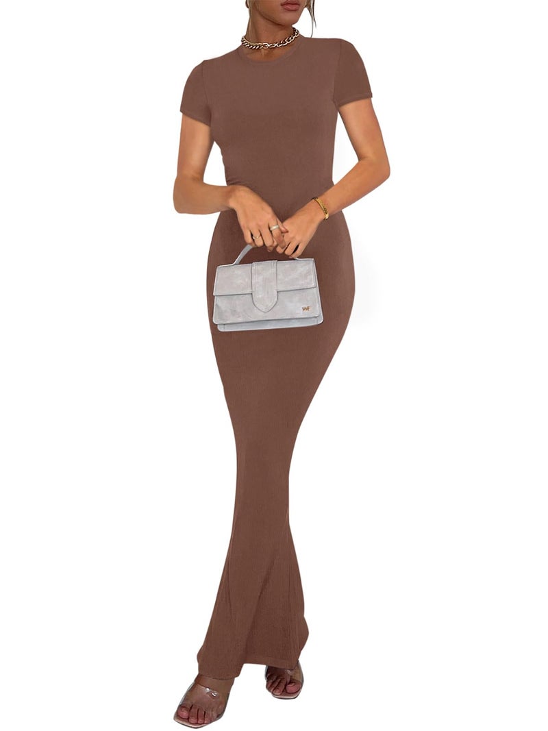 REORIA Women's Summer Sexy Casual Lounge Long Dress Elegant Wedding Guest Short Sleeve Crew Neck Bodycon Maxi Dresses Coffee Large - Image 4