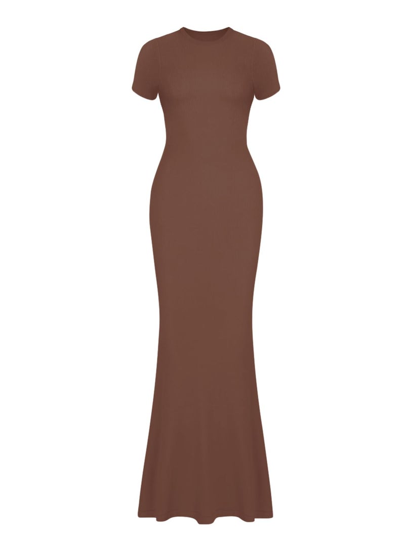 REORIA Women's Summer Sexy Casual Lounge Long Dress Elegant Wedding Guest Short Sleeve Crew Neck Bodycon Maxi Dresses Coffee Large - Image 5