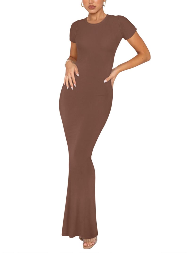 REORIA Women's Summer Sexy Casual Lounge Long Dress Elegant Wedding Guest Short Sleeve Crew Neck Bodycon Maxi Dresses Coffee Large - Image 1