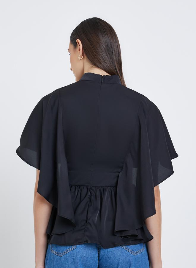 Styli Pleated High Neck Cape Sleeve Blouse - Image 4