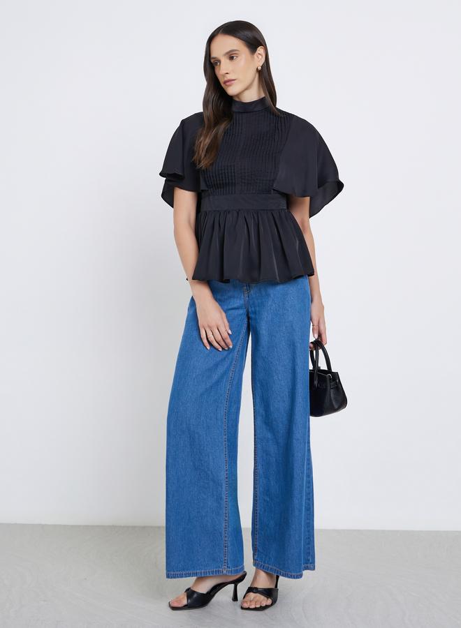 Styli Pleated High Neck Cape Sleeve Blouse - Image 2