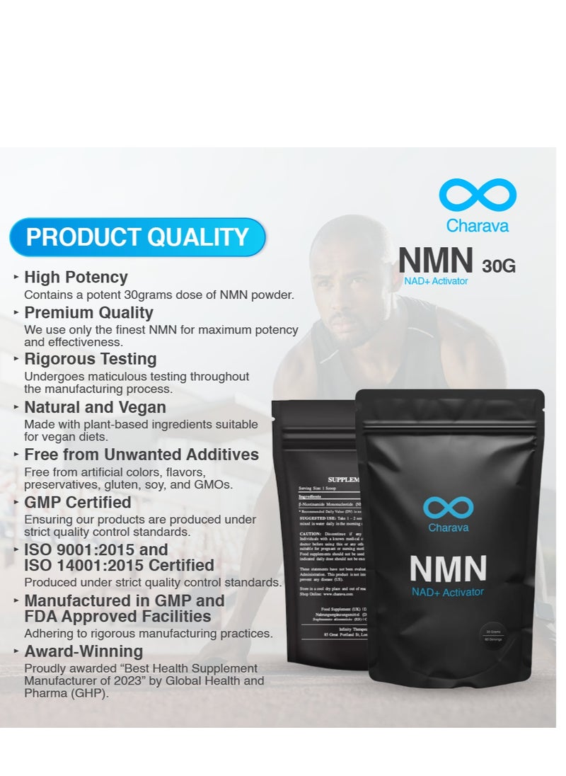 Charava - Charava NMN Powder | Enhanced Absorption | NAD+ Booster | Extend Cellular Lifespan | 30g | UK 3rd Party Certified - Image 1