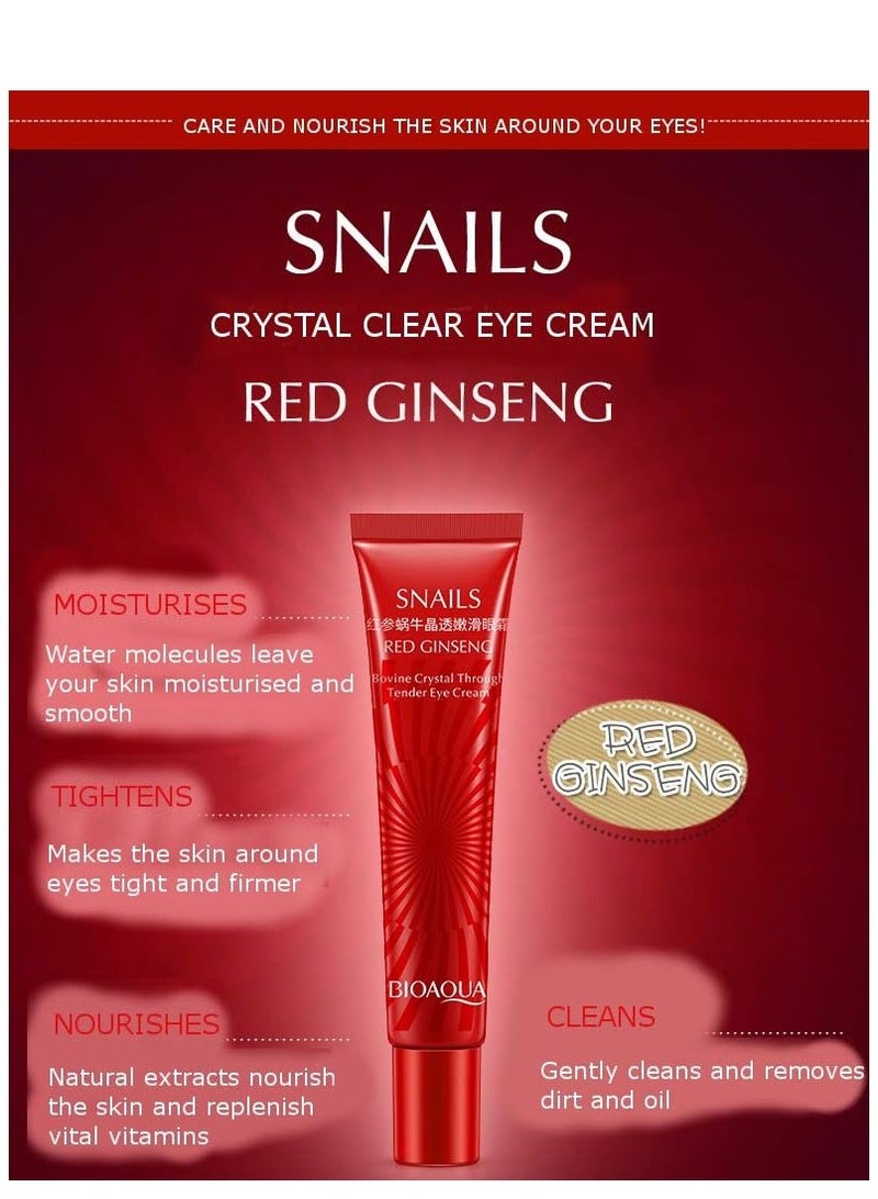 بيو أكوا كريم الجينسنغ الأحمر للعين القواقع الكريستال البقري من خلال بشرة ناعمة ناعمة تأثير مرطب ومرطب للعناية ببشرة تتفتح عيون ضيقة مشدودة تنظف بلطف يزيل الأوساخ الزيوت 20 جم - Image 3