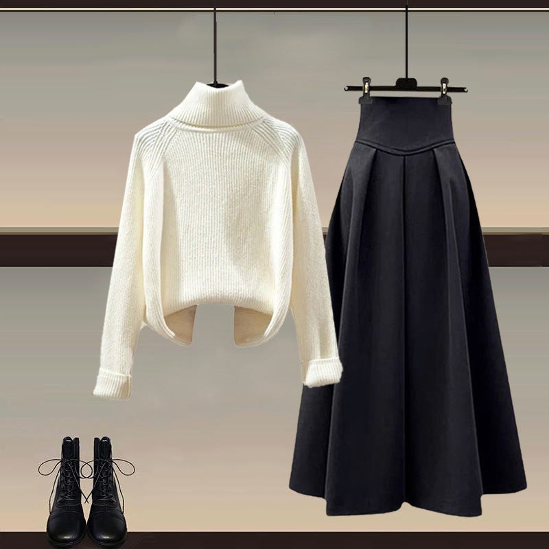Autumn and Winter Dress Womens Small Chanel Style Wear with Horns Button Cotton-padded Coat Twisted Sweater Half-length Skirt Three-piece Set 986 beige sweater one piece