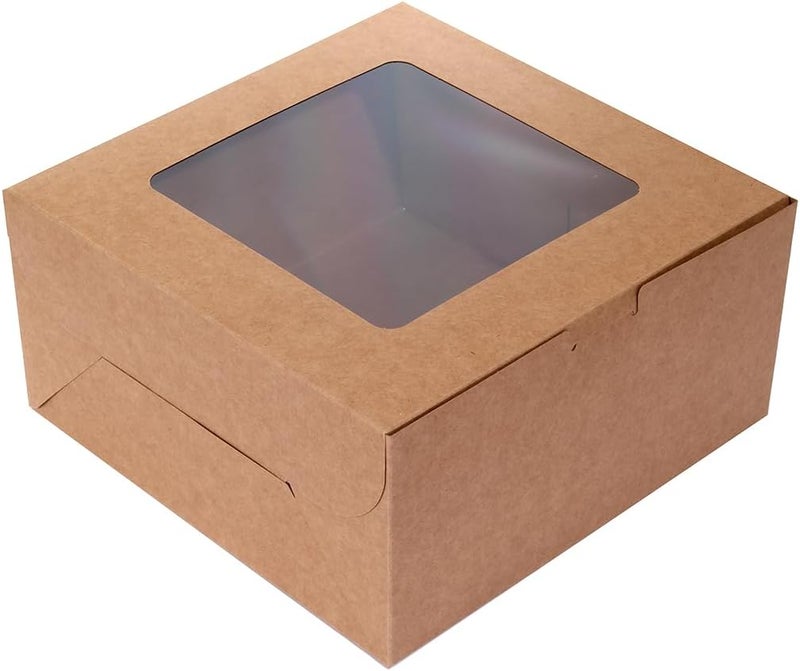Red Dot Gift Bakery Boxes with Clear Window (Pack of 12) - 25 * 25 * 12.5cm Flat DIY Kraft Paper Box for Pie, Cookies, Cake, or Cupcakes (12 Pack Kraft) - Image 1