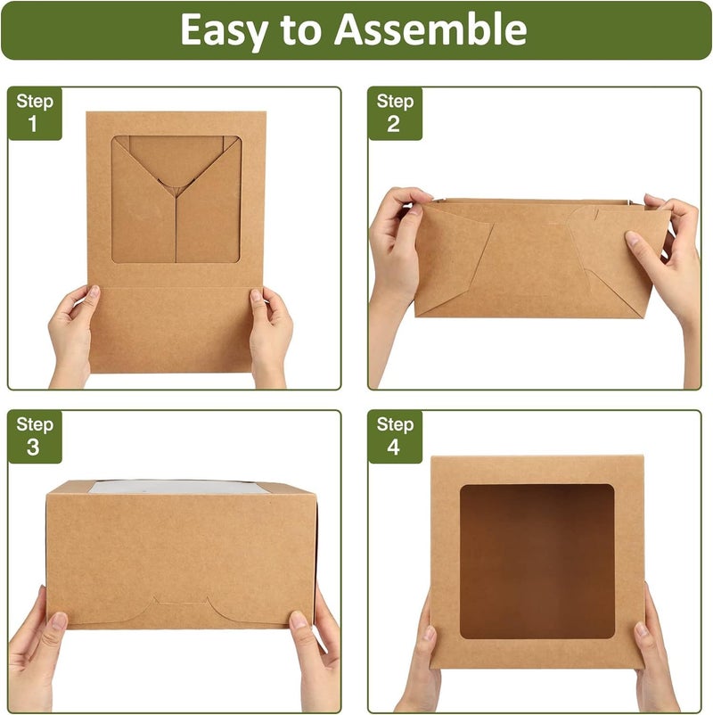 Red Dot Gift Bakery Boxes with Clear Window (Pack of 12) - 25 * 25 * 12.5cm Flat DIY Kraft Paper Box for Pie, Cookies, Cake, or Cupcakes (12 Pack Kraft) - Image 5
