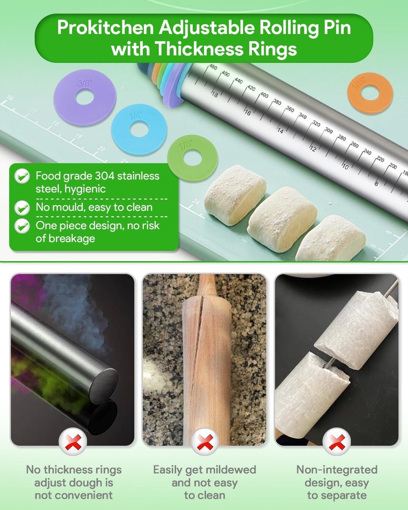 PROKITCHEN Adjustable Rolling Pin with Thickness Rings for Baking, Adjustable Stainless Steel Designs Dough Roller Pins for Cookie Decorating & Dough Pizza Pie Adjustable Long Rolling Pin 23.6 Inch - Image 2