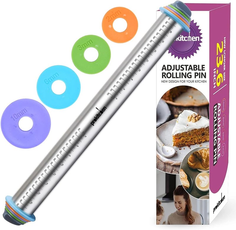 PROKITCHEN Adjustable Rolling Pin with Thickness Rings for Baking, Adjustable Stainless Steel Designs Dough Roller Pins for Cookie Decorating & Dough Pizza Pie Adjustable Long Rolling Pin 23.6 Inch - Image 1