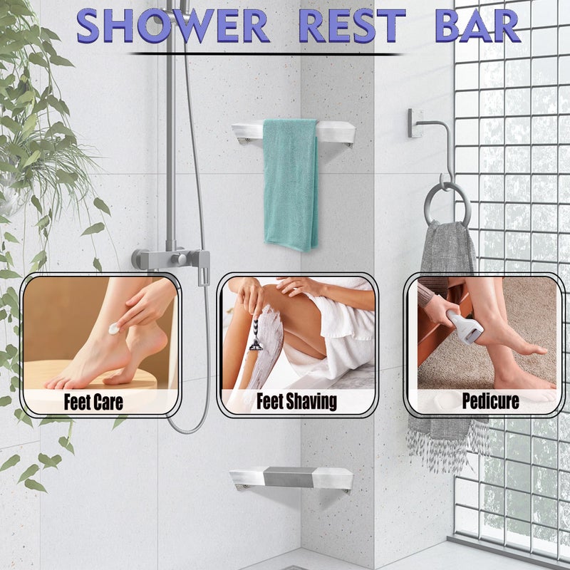 LIWEIKE Brushed Nickel Shower Foot Rest Bar Wall Mount Shower Stool for Shaving Legs Non-Slip Scrub Shower Foot Step Square Corner Shower Shaver Foot Rest - Image 5