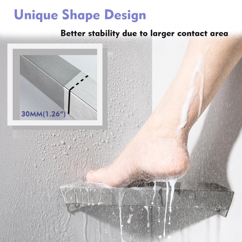 LIWEIKE Brushed Nickel Shower Foot Rest Bar Wall Mount Shower Stool for Shaving Legs Non-Slip Scrub Shower Foot Step Square Corner Shower Shaver Foot Rest - Image 3