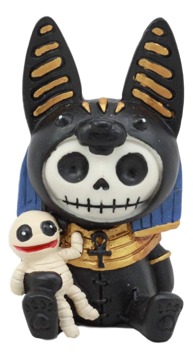 Ebros Furrybones Egyptian God of Afterlife Anubis Figurine Small 3.25"" Furry Bones Skeleton Monster Collectible Decor Statue Gothic DOD Anpu Jackal with Mummy Friend Themed Decorative Sculpture