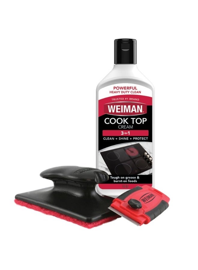 ويمان مجموعة تنظيف أسطح الطهي الزجاجية من ويمان، تزيل الشحوم وبقايا الطعام المحروق، آمنة للاستخدام على أسطح الطهي بالغاز والحث والكهرباء ومقلاة الهواء، لمعان لا يترك أي خطوط، تتضمن مكشطة موقد ووسادة تنظيف، 10 أونصة - Image 1