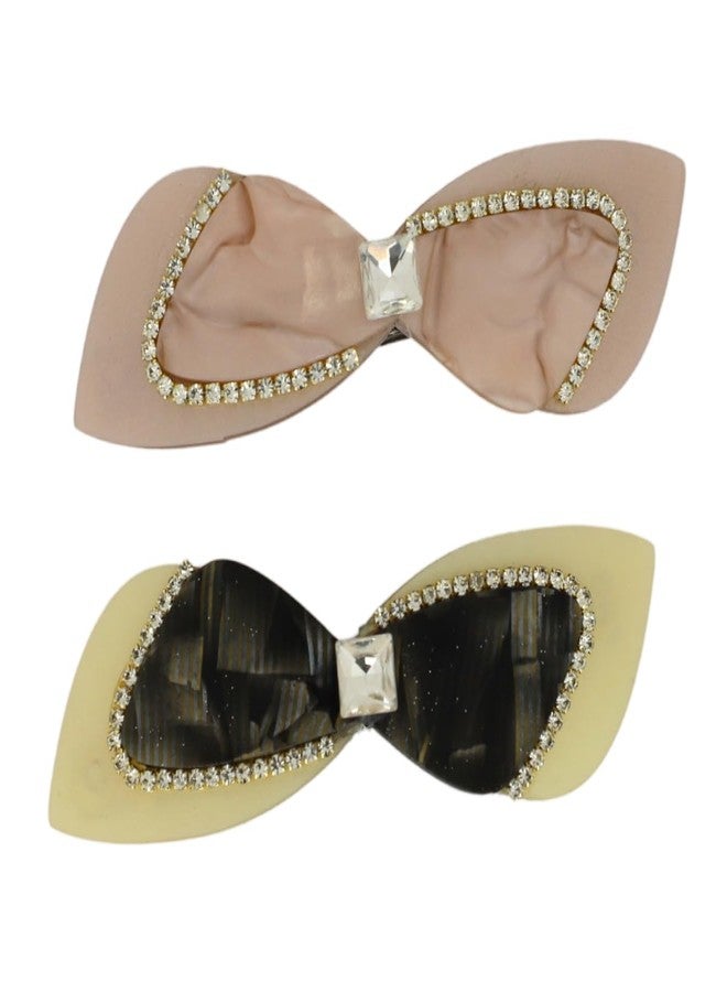 JWELLA Luxury Bow Hair Clips for Women & Girls | Set of 2 Rhinestone Studded Elegant Hair Accessories | Fancy Hair Barrettes (Black & Peach) - Image 1