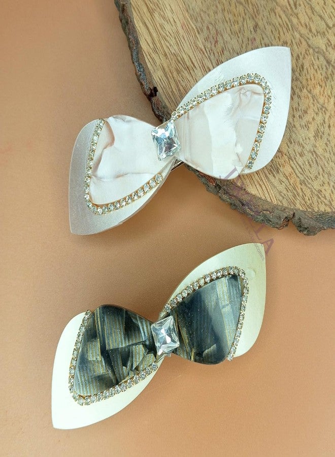 JWELLA Luxury Bow Hair Clips for Women & Girls | Set of 2 Rhinestone Studded Elegant Hair Accessories | Fancy Hair Barrettes (Black & Peach) - Image 2