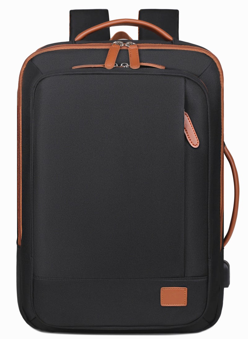 أييب حقيبة ظهر متعددة الأغراض بمقبض قابل للتمدد (EHAB) معتمدة من شركات الطيران، حقيبة كمبيوتر محمول للأعمال، مقبض جلدي مزخرف مع منفذ شحن USB، مساحة تخزين منفصلة جافة ورطبة مدمجة للرجال والنساء (أسود عتيق) - Image 2