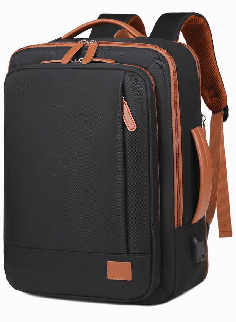 أييب حقيبة ظهر متعددة الأغراض بمقبض قابل للتمدد (EHAB) معتمدة من شركات الطيران، حقيبة كمبيوتر محمول للأعمال، مقبض جلدي مزخرف مع منفذ شحن USB، مساحة تخزين منفصلة جافة ورطبة مدمجة للرجال والنساء (أسود عتيق) - Image 1