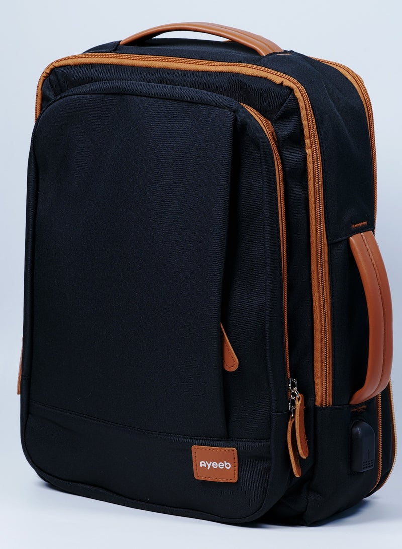 أييب حقيبة ظهر متعددة الأغراض بمقبض قابل للتمدد (EHAB) معتمدة من شركات الطيران، حقيبة كمبيوتر محمول للأعمال، مقبض جلدي مزخرف مع منفذ شحن USB، مساحة تخزين منفصلة جافة ورطبة مدمجة للرجال والنساء (أسود عتيق) - Image 3