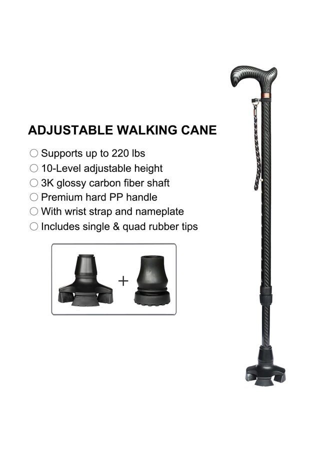 Fzkaly Adjustable Walking Cane for Men & Women - Lightweight Carbon Fiber Cane, Premium Walking Stick for Seniors with Quad & Single Rubber Tips, Ergonomic Handle & Wrist Strap - Image 2