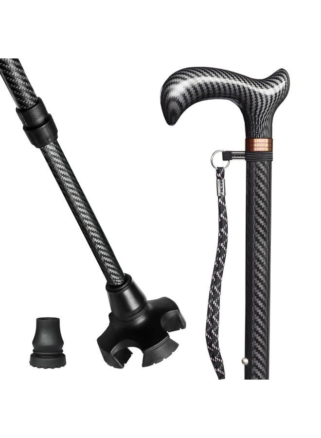 Fzkaly Adjustable Walking Cane for Men & Women - Lightweight Carbon Fiber Cane, Premium Walking Stick for Seniors with Quad & Single Rubber Tips, Ergonomic Handle & Wrist Strap - Image 1