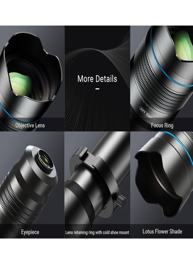 آبيكسل تلسكوب أحادي معدني APEXEL APL-60XFR50 بدقة 4K HD، تكبير 60x، عدسة تقريب 50 مم، طلاء متعدد الطبقات، مع حامل ثلاثي القوائم ومشبك للهاتف، مثالي لمراقبة الطيور، رصد النجوم، الصيد، التخييم، المشي لمسافات طويلة، والسفر. - Image 2