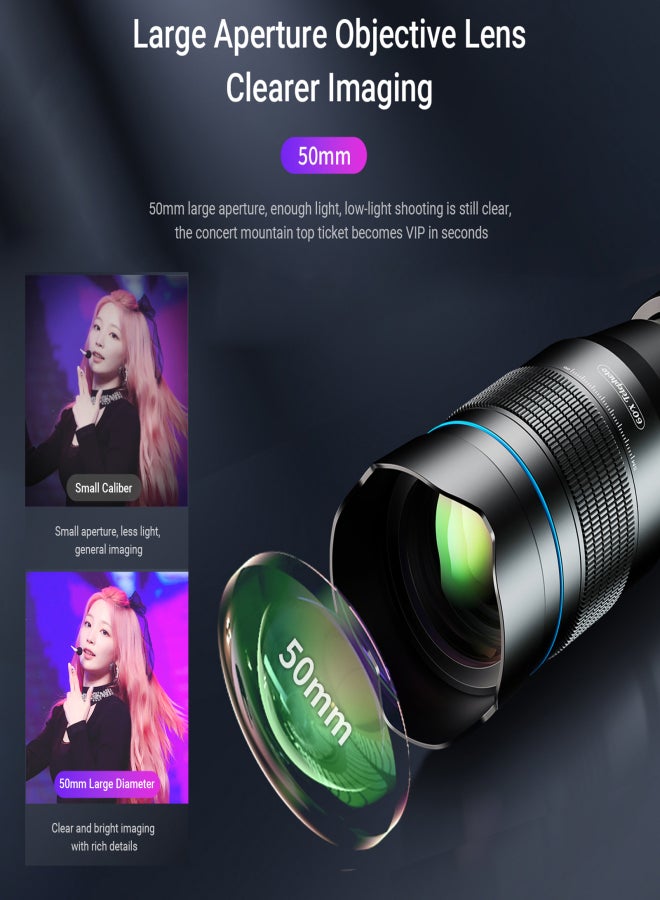 آبيكسل تلسكوب أحادي معدني APEXEL APL-60XFR50 بدقة 4K HD، تكبير 60x، عدسة تقريب 50 مم، طلاء متعدد الطبقات، مع حامل ثلاثي القوائم ومشبك للهاتف، مثالي لمراقبة الطيور، رصد النجوم، الصيد، التخييم، المشي لمسافات طويلة، والسفر. - Image 5