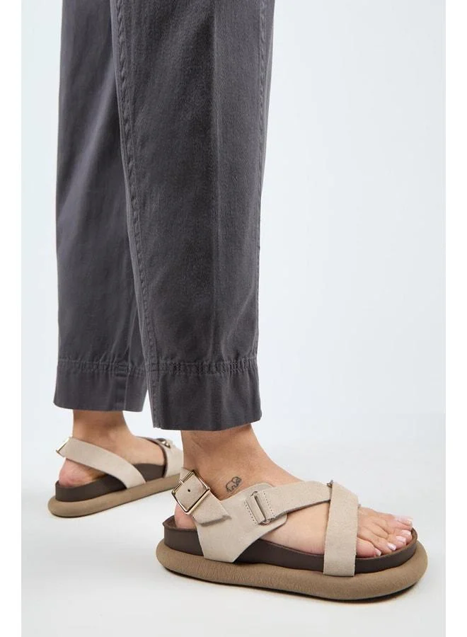 Azelya Women's Genuine Leather Buckle Strap Beige Sandal.