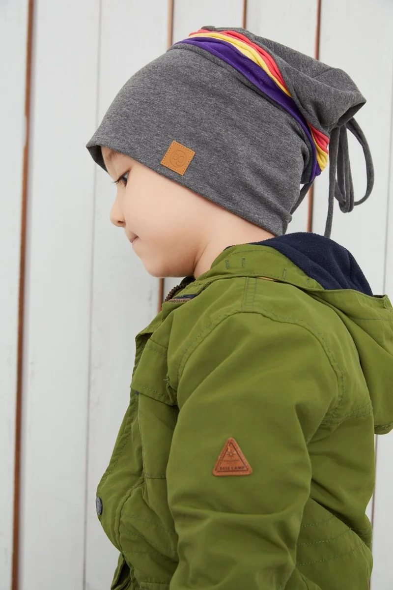 Babygiz Smoked Gray Children's Baby Hat with Colorful Stripe Beanie Soft Double Layer 100% Natural Cotton Combed Cotton