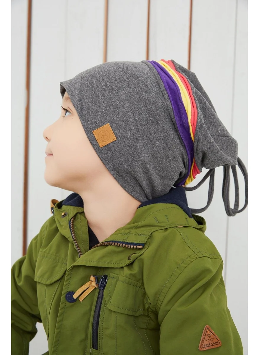 Babygiz Smoked Gray Children's Baby Hat with Colorful Stripe Beanie Soft Double Layer 100% Natural Cotton Combed Cotton