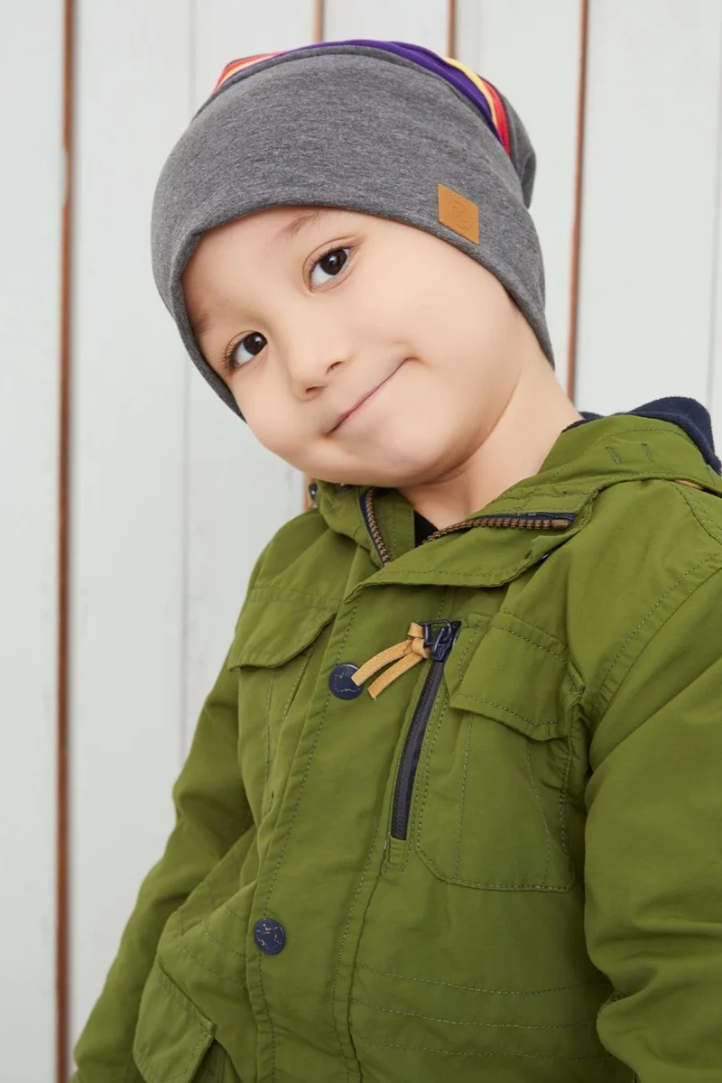 Babygiz Smoked Gray Children's Baby Hat with Colorful Stripe Beanie Soft Double Layer 100% Natural Cotton Combed Cotton