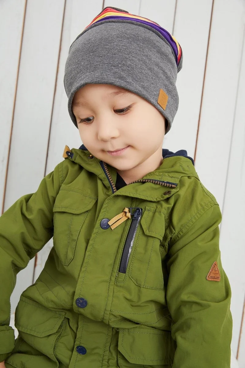 Babygiz Smoked Gray Children's Baby Hat with Colorful Stripe Beanie Soft Double Layer 100% Natural Cotton Combed Cotton