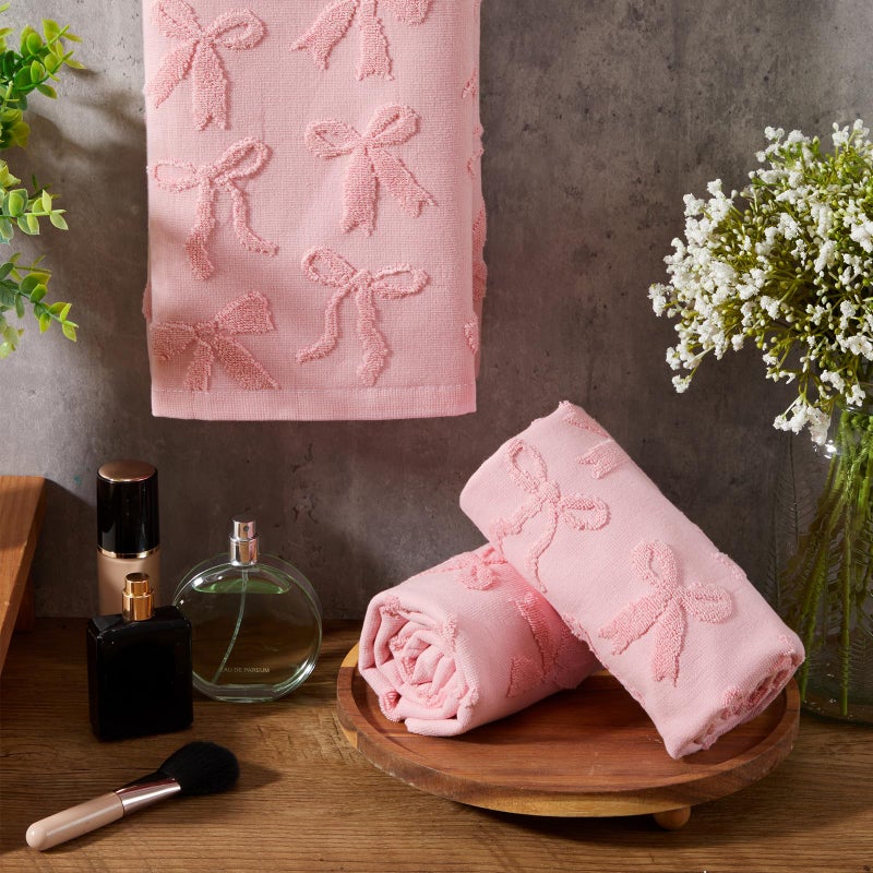 Gilprop 3 Pcs Valentine's Day Pink Bow Hand Towels for Bathroom Cotton Absorbent Bow Kitchen Facecloth 29.5 x 13.7 Inch Decorative Jacquard Towels for Preppy Bathroom Decor Bridal Shower Wedding Gift - Image 3