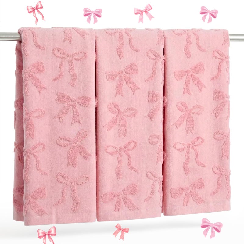 Gilprop 3 Pcs Valentine's Day Pink Bow Hand Towels for Bathroom Cotton Absorbent Bow Kitchen Facecloth 29.5 x 13.7 Inch Decorative Jacquard Towels for Preppy Bathroom Decor Bridal Shower Wedding Gift - Image 1