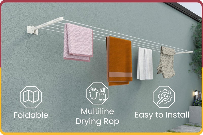 Amiraj Powder Coated Premium Metal Foldable Wall Mounted Clothes Drying Stand with 50 Feet Rope/Wall Hanging Clothes Dryer Rack for Balcony & Indoor Use/Space Saving Cloth Dryer Stand(Ivory) - Image 4