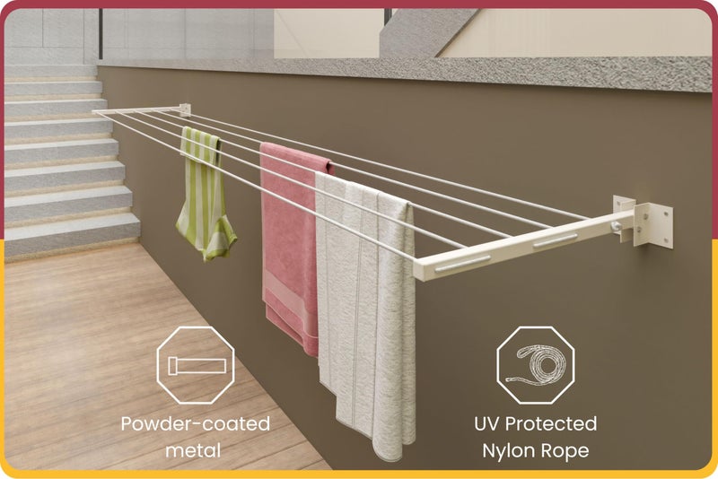 Amiraj Powder Coated Premium Metal Foldable Wall Mounted Clothes Drying Stand with 50 Feet Rope/Wall Hanging Clothes Dryer Rack for Balcony & Indoor Use/Space Saving Cloth Dryer Stand(Ivory) - Image 5