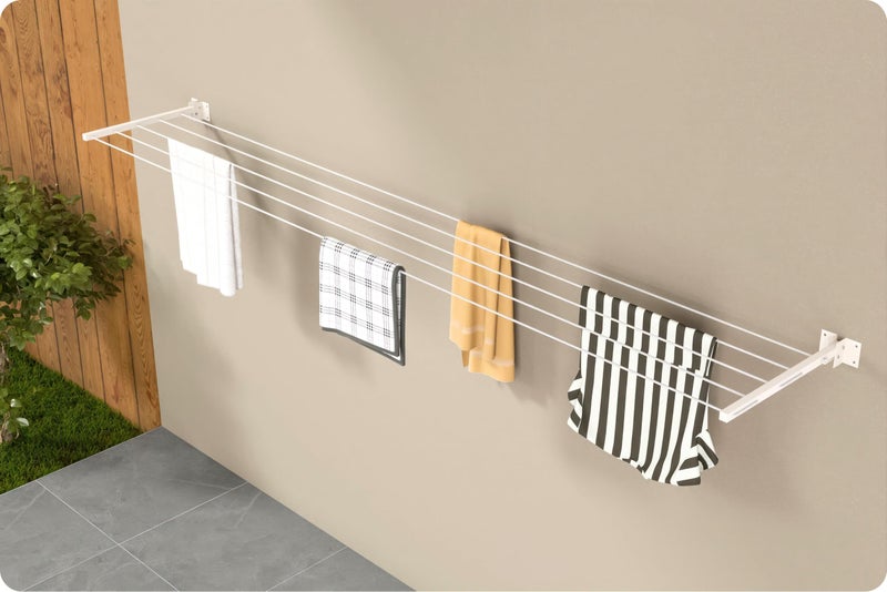 Amiraj Powder Coated Premium Metal Foldable Wall Mounted Clothes Drying Stand with 50 Feet Rope/Wall Hanging Clothes Dryer Rack for Balcony & Indoor Use/Space Saving Cloth Dryer Stand(Ivory) - Image 1