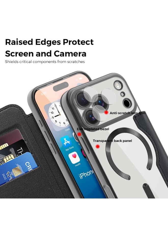 general Magnetic Wallet Case Compatible with iPhone 17 Pro Max 2025, Compatible with Mag-safe, Transparent Back Anti-Scratch Leather Flip Case for iPhone 17 Pro Max - Image 3