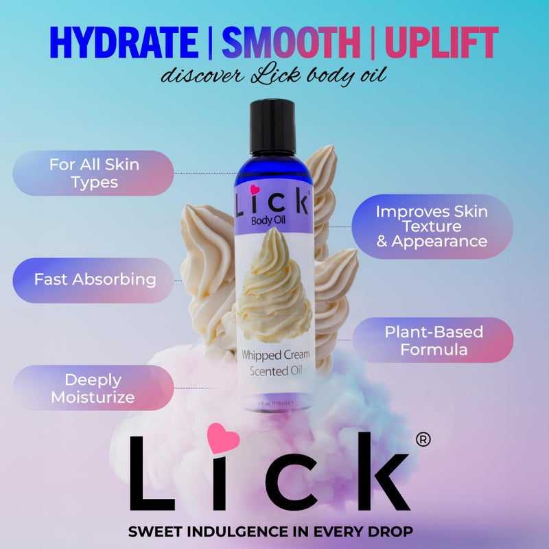 LICK زيت الجسم المعطر بكريمة الخفق من LICK - زيت مرطب فاخر لبشرة متألقة، غني بزيوت الخروع، اللوز، الجوجوبا، وفيتامين E. مثالي للتدليك، والعناية اليومية 4 أونصة سائلة. - Image 4