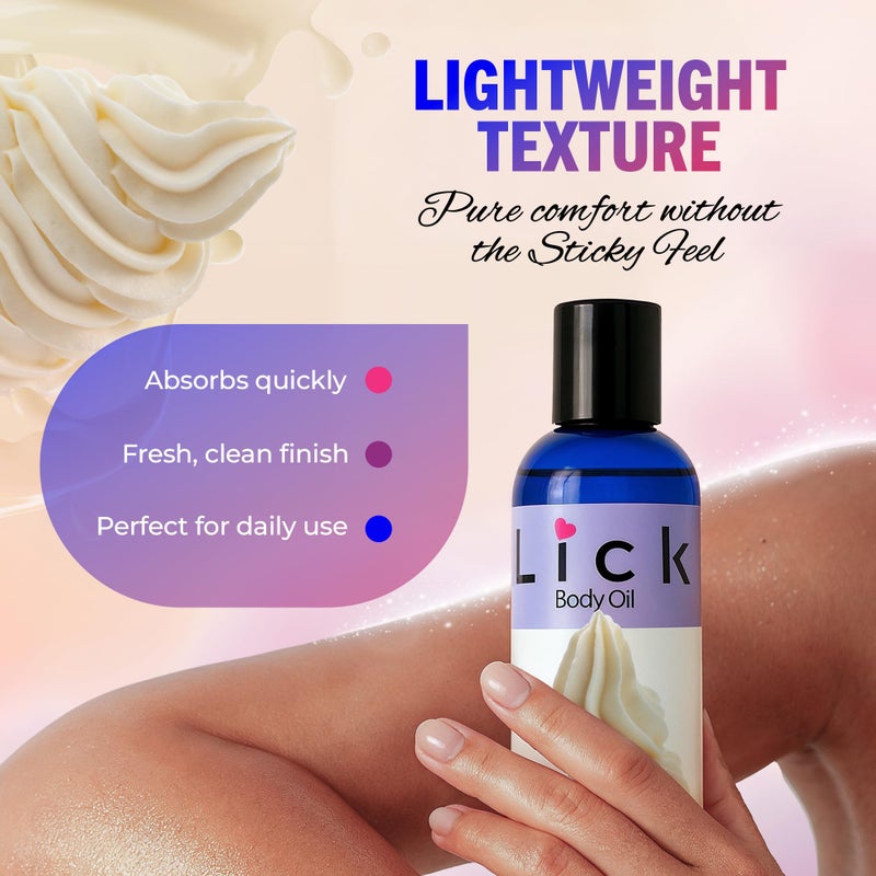 LICK زيت الجسم المعطر بكريمة الخفق من LICK - زيت مرطب فاخر لبشرة متألقة، غني بزيوت الخروع، اللوز، الجوجوبا، وفيتامين E. مثالي للتدليك، والعناية اليومية 4 أونصة سائلة. - Image 5