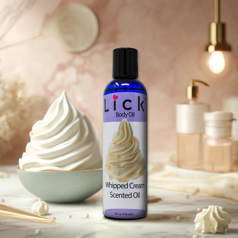 LICK زيت الجسم المعطر بكريمة الخفق من LICK - زيت مرطب فاخر لبشرة متألقة، غني بزيوت الخروع، اللوز، الجوجوبا، وفيتامين E. مثالي للتدليك، والعناية اليومية 4 أونصة سائلة. - Image 2