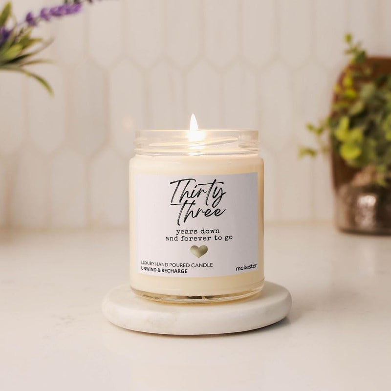 Makester 33rd Wedding Anniversary Candle Gift - Luxury Soy Wax - Vanilla, Jasmine, Sugared Almond - Makester - Image 3
