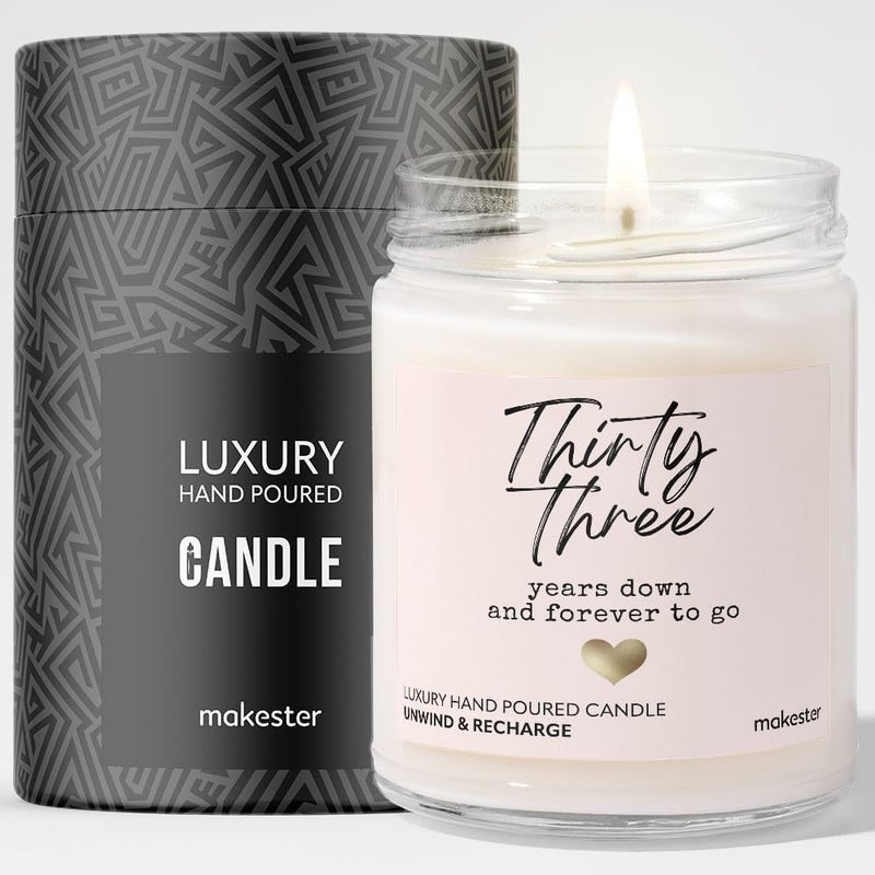 Makester 33rd Wedding Anniversary Candle Gift - Luxury Soy Wax - Vanilla, Jasmine, Sugared Almond - Makester - Image 1