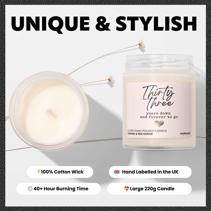 Makester 33rd Wedding Anniversary Candle Gift - Luxury Soy Wax - Vanilla, Jasmine, Sugared Almond - Makester - Image 4