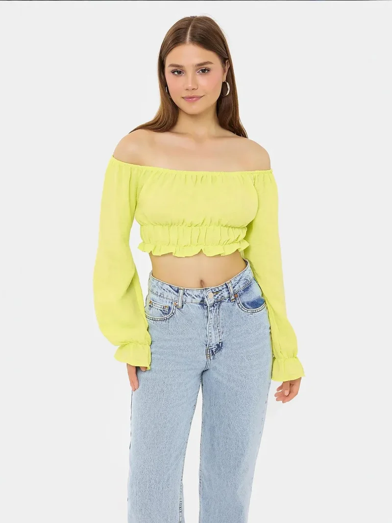 HICCUP Off-Shoulder Linen Cropped Top with Long Sleeves and Ruffle Detail