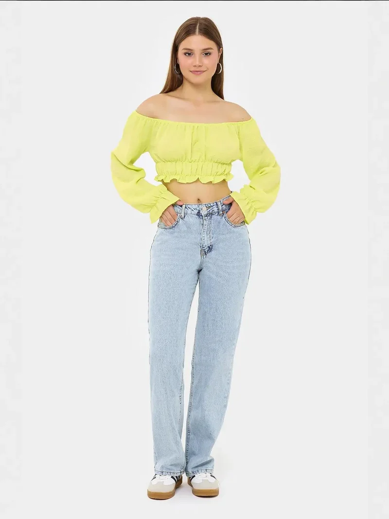 HICCUP Off-Shoulder Linen Cropped Top with Long Sleeves and Ruffle Detail