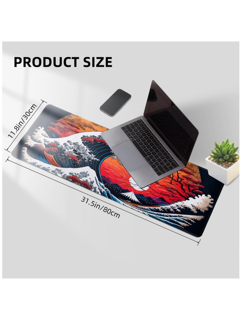 Japanese Sea Waves Large Gaming Mouse Pad for Desk, Desk Mat with Seamed Edges, Waterproof Desk Pad, Non-Slip Rubber Base, 31.5x11.8 Inch Keyboard Pad Computer Mat, Big XL Mousepad