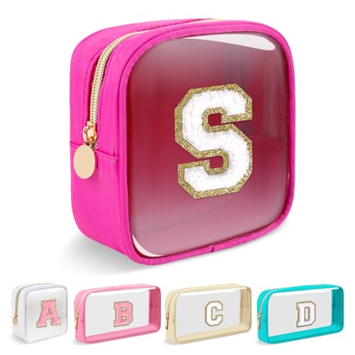 Iqimott Mini Clear Personalized Initial Makeup BagNylon Preppy AZ Chenille Letter Patch Zipper Cosmetic Bag Small Cute Beach Pouch Travel Purse Sanitary Napkin Storage Bag for Women GirlsHot PinkWhite S - Image 1