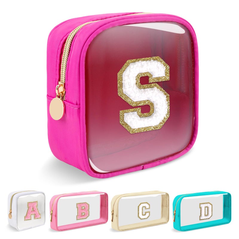 Iqimott Mini Clear Personalized Initial Makeup BagNylon Preppy AZ Chenille Letter Patch Zipper Cosmetic Bag Small Cute Beach Pouch Travel Purse Sanitary Napkin Storage Bag for Women GirlsHot PinkWhite S - Image 2