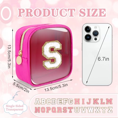 Iqimott Mini Clear Personalized Initial Makeup BagNylon Preppy AZ Chenille Letter Patch Zipper Cosmetic Bag Small Cute Beach Pouch Travel Purse Sanitary Napkin Storage Bag for Women GirlsHot PinkWhite S - Image 3