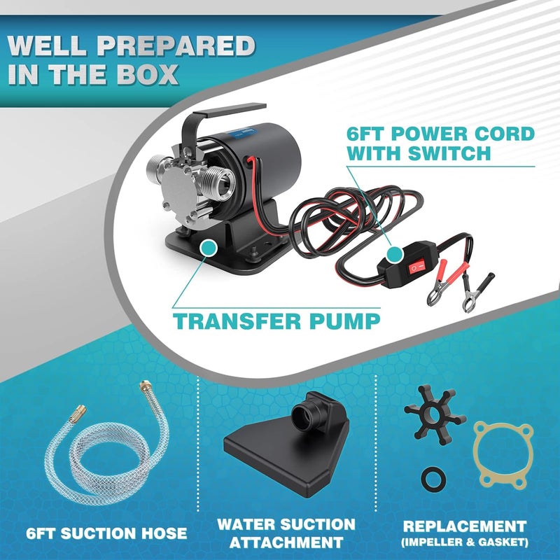 Acquaer Water Transfer Pump DC 12V 1/10HP Portable Electric Water Removal Utility Pump with Switch and Suction Hose Kit, Low Suction Water Removal for RV, Water Beds, Pools, Rain Barrel, Aquariums - Image 2